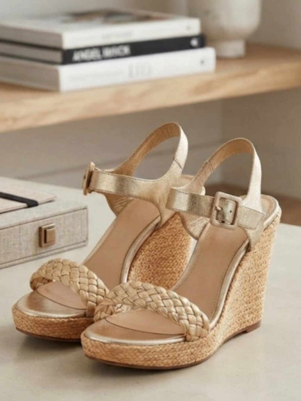 San Marina - Paris women’s Metallic Gold Braided Wedge Sandals  7.5